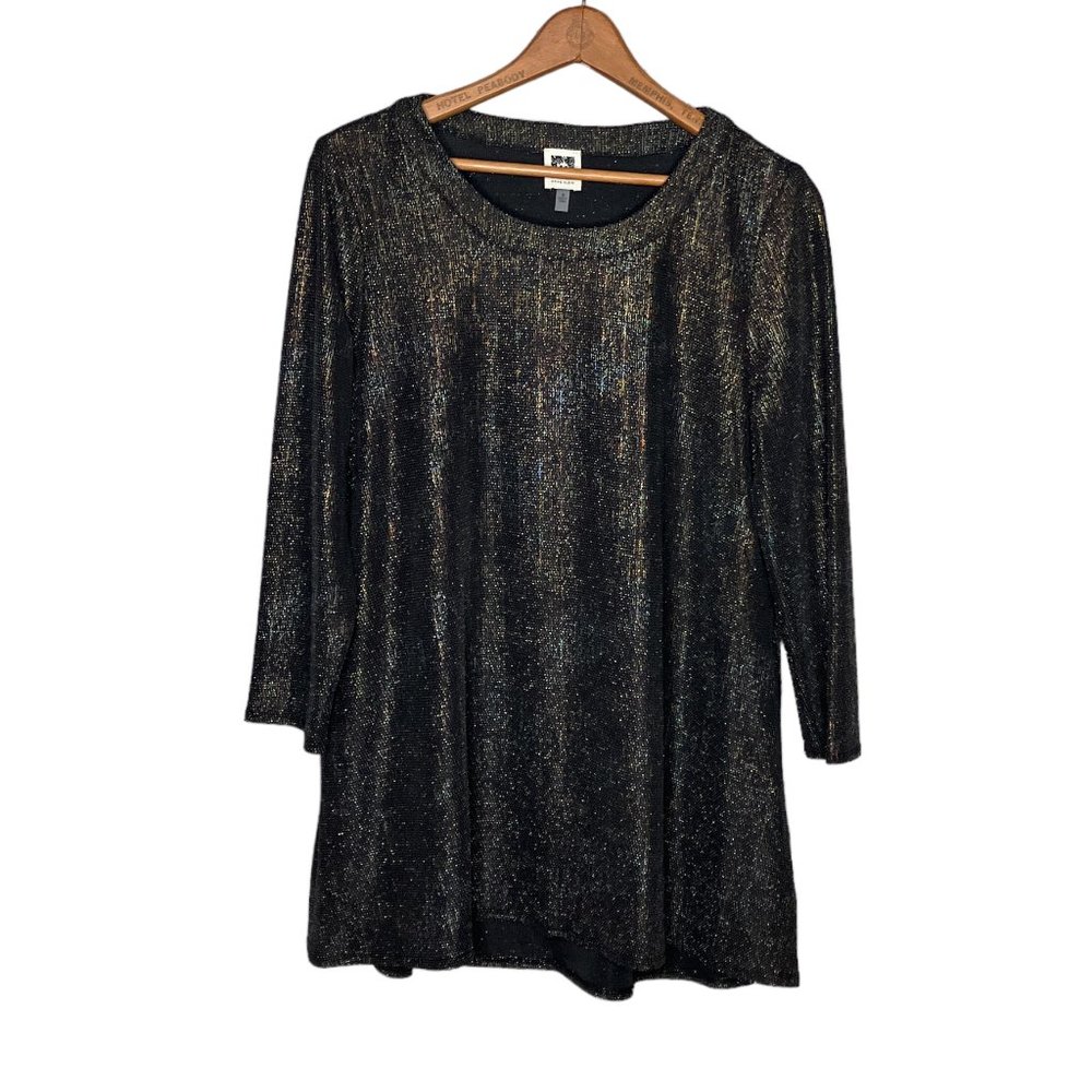 Anne Klein Medium M Black Silver Gold Metallic Knit Stretch‎ Popover Blouse Top